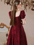 Burgundy Satin Floor Length Prom Dress, A-Line Short Sleeve Evening Party Dress HZ0429