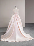 Light Pink Satin Spaghetti Strap Long Prom Dress, Beautiful A-Line Evening Dress with Bow HZ0429