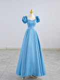 Blue Satin Beaded Floor Length Prom Dress, Blue A-Line Short Sleeve Evening Dress HZ0429