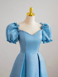 Blue Satin Beaded Floor Length Prom Dress, Blue A-Line Short Sleeve Evening Dress HZ0429