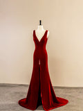 Burgundy V-Neck Velvet Long Prom Dress, Simple Mermaid Backless Evening Dress HZ0429