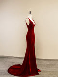 Burgundy V-Neck Velvet Long Prom Dress, Simple Mermaid Backless Evening Dress HZ0429