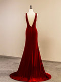 Burgundy V-Neck Velvet Long Prom Dress, Simple Mermaid Backless Evening Dress HZ0429