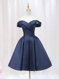 Blue V-neckline Satin Off Shoulder Party Dress, A-Line Blue Short Evening Prom Dress HZ0429