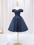 Blue V-neckline Satin Off Shoulder Party Dress, A-Line Blue Short Evening Prom Dress HZ0429