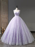 Light Purple Tulle Straps Long Prom Dress, Purple A-Line Princess Dress HZ0429