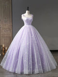 Light Purple Tulle Straps Long Prom Dress, Purple A-Line Princess Dress HZ0429