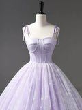 Light Purple Tulle Straps Long Prom Dress, Purple A-Line Princess Dress HZ0429