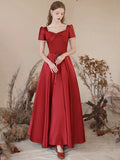 Burgundy Satin Long Prom Dress, Elegant Short Sleeve A-Line Evening Dress HZ0429