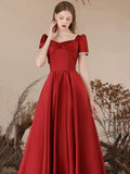 Burgundy Satin Long Prom Dress, Elegant Short Sleeve A-Line Evening Dress HZ0429