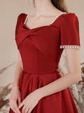 Burgundy Satin Long Prom Dress, Elegant Short Sleeve A-Line Evening Dress HZ0429