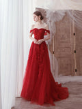 Red Tulle Lace Floor Length Prom Dress, Beautiful Off the Shoulder Evening Party Dress HZ0429