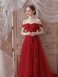 Red Tulle Lace Floor Length Prom Dress, Beautiful Off the Shoulder Evening Party Dress HZ0429