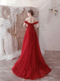 Red Tulle Lace Floor Length Prom Dress, Beautiful Off the Shoulder Evening Party Dress HZ0429