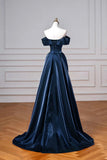 Navy Satin Long Prom Dress, Elegant Off the Shoulder Party Dress HZ0429