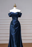 Navy Satin Long Prom Dress, Elegant Off the Shoulder Party Dress HZ0429