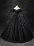 Black Sparkly Tulle Off the Shoulder Long Formal Dress, Elegant A-Line Black Evening Party Dress HZ0429