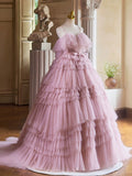 A-Line Spaghetti Strap Layers Tulle Long Party Dress, Pink Prom Dress Formal Gown HZ0429