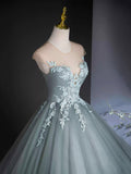 A-Line Scoop Neckline Tulle Floor Length Formal Dress with Lace, Elegant Evening Party Dress HZ0429