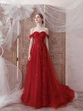 Red Tulle Lace Floor Length Prom Dress, Beautiful Off the Shoulder Evening Party Dress HZ0429