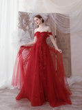 Red Tulle Lace Floor Length Prom Dress, Beautiful Off the Shoulder Evening Party Dress HZ0429
