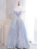 Lovely Purple Tulle Sequins Long Prom Dress, Off the Shoulder Evening Party Dress HZ0429