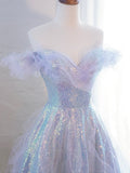 Lovely Purple Tulle Sequins Long Prom Dress, Off the Shoulder Evening Party Dress HZ0429