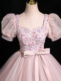 Beautiful Floral Tulle Floor Length Prom Dress, Pink A-Line Short Sleeve Evening Dress HZ0429