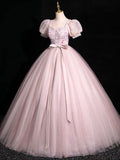 Beautiful Floral Tulle Floor Length Prom Dress, Pink A-Line Short Sleeve Evening Dress HZ0429