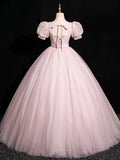 Beautiful Floral Tulle Floor Length Prom Dress, Pink A-Line Short Sleeve Evening Dress HZ0429