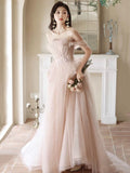 Beautiful Tulle Beaded Long Prom Dress, Light Pink Tulle Evening Dress HZ0429