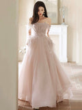 Beautiful Tulle Beaded Long Prom Dress, Light Pink Tulle Evening Dress HZ0429