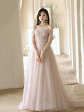 Beautiful Tulle Beaded Long Prom Dress, Light Pink Tulle Evening Dress HZ0429