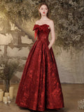 Burgundy A-Line Floor Length Prom Dress, Cute Strapless Evening Party Dress HZ0429