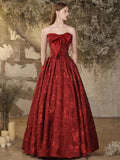 Burgundy A-Line Floor Length Prom Dress, Cute Strapless Evening Party Dress HZ0429