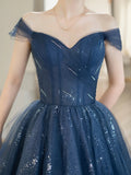 Blue Shiny Tulle Floor Length Prom Dress, Off the Shoulder A-Line Evening Party Dress HZ0429