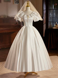 Retro Satin Tea Length Prom Dress with Lace, White A-Line Evening Party Dress HZ0429