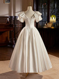 Retro Satin Tea Length Prom Dress with Lace, White A-Line Evening Party Dress HZ0429