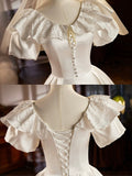 Retro Satin Tea Length Prom Dress with Lace, White A-Line Evening Party Dress HZ0429