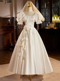 White Satin Tea Length Prom Dress with Lace, Retro A-Line Evening Party Dress HZ0429