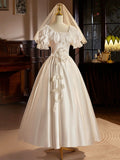 White Satin Tea Length Prom Dress with Lace, Retro A-Line Evening Party Dress HZ0429