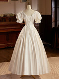 White Satin Tea Length Prom Dress with Lace, Retro A-Line Evening Party Dress HZ0429