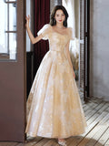 Champagne Tulle Floor Length Prom Dress, Cute Short Sleeve Evening Dress HZ0429