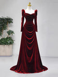 Elegant Velvet Floor Length Prom Dress, Burgundy Long Sleeve Evening Party Dress HZ0429