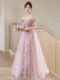 Pink Tulle Floor Length Prom Dress with Butterfly Sequins, Beautiful Off the Shoulder Evening Dress HZ0429