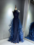 Navy Sequins Long Prom Dress, Elegant Halter Formal Evening Dress HZ0429