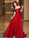 Red Satin Floor Length Prom Dress, Off the Shoulder Evening Party Dress HZ0429