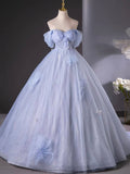 Blue Tulle Long A-Line Prom Dress Party Dress, Beautiful Off the Shoulder Blue Evening Dress HZ0429