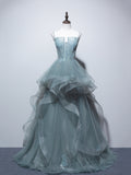 Dusty Green Spaghetti Strap Ruffled Floor-length Formal Dress, Cute Tulle Lace Evening Party Dress HZ0429