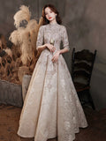 Elegant Lace Mid-sleeve Long Formal Dress, Champagne High Neck Evening Party Dress HZ0429